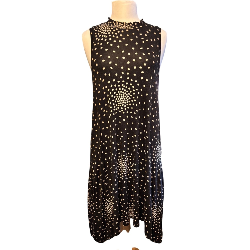 Anthropology Maeve Black White Polka Dot Mock Neck‎ Sleeveless Midi Dress Size L